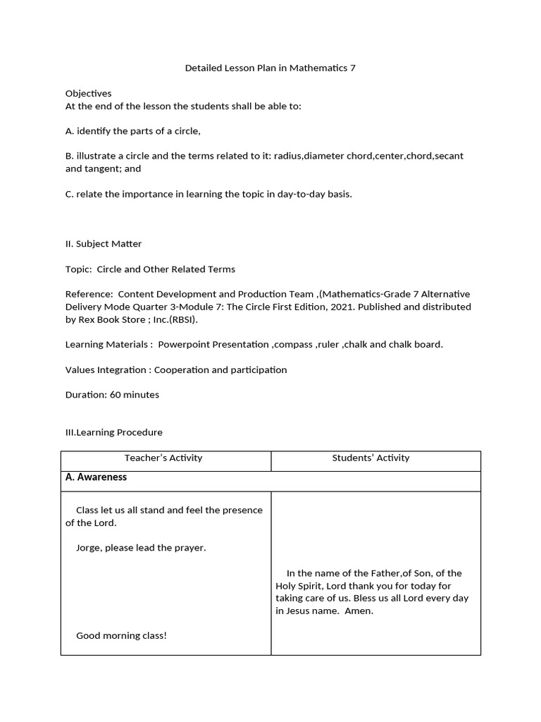 Circle Concepts for Grade 7 Math Lesson | PDF | Circle | Tangent
