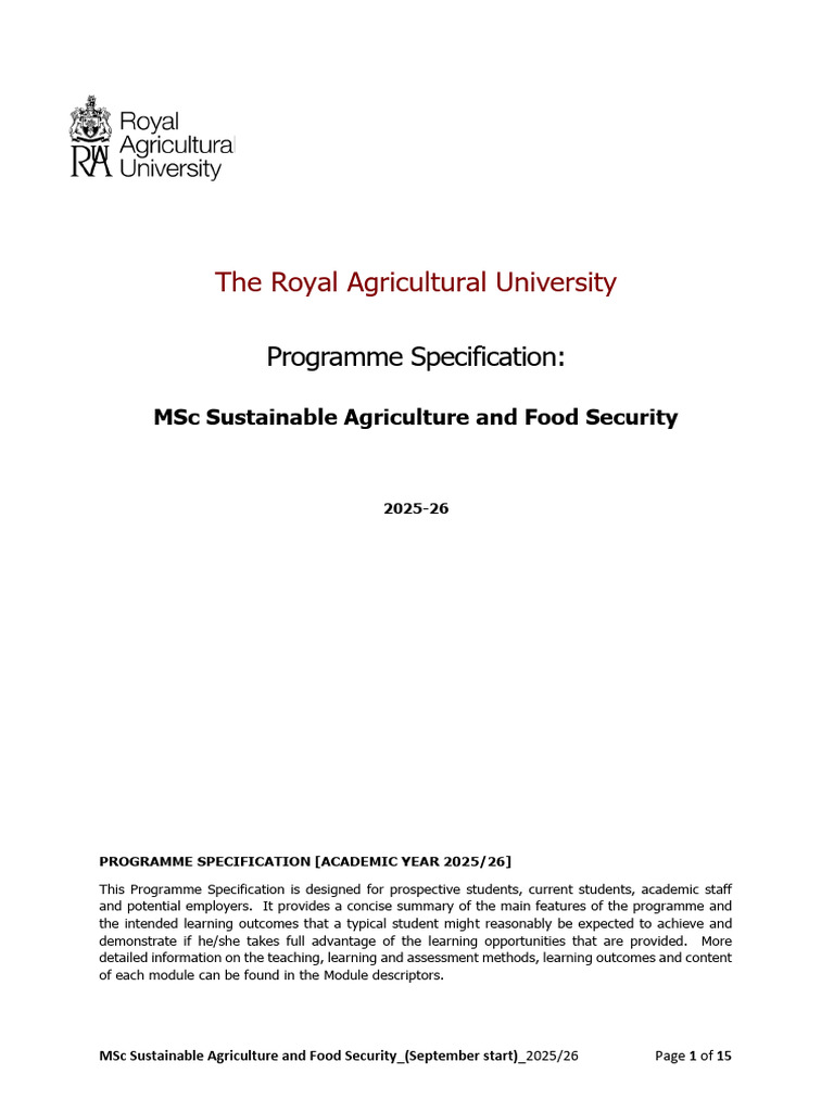 MSC Sustainable Agriculture and Food Security - 2025-26 | PDF ...