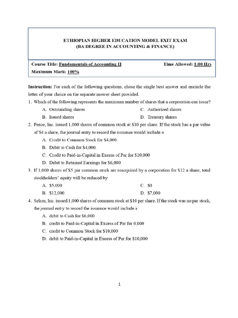 Fundamentals of Accounting II - ModelExamFinalV2023 | PDF