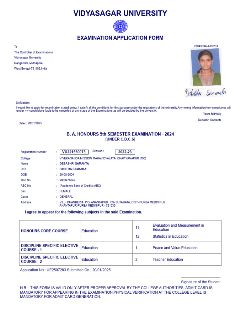 5TH SEM EXAM. FORM FILL UP 2024 | PDF