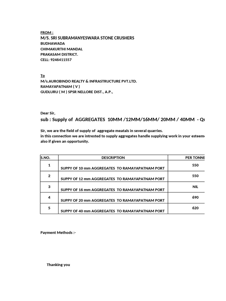 Aggregate Supply Quotation for Aurobindo | PDF