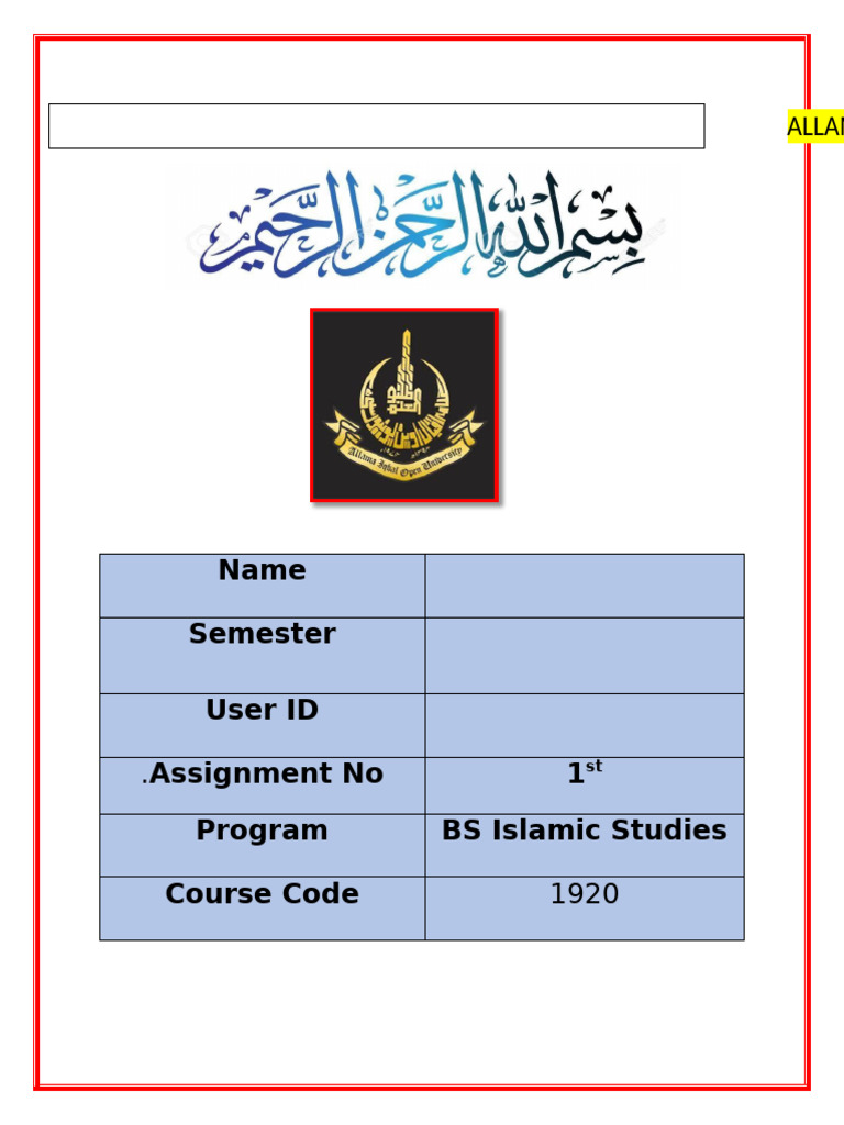 Name Semester User ID Assignment No 1 Program BS Islamic Studies Course ...