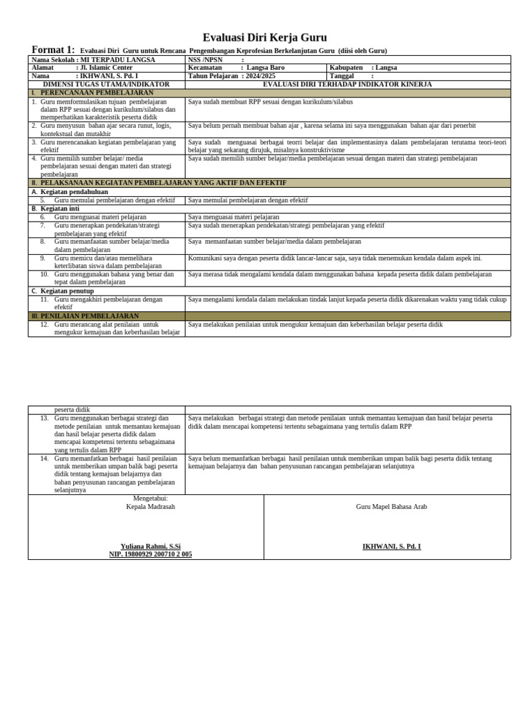 Evaluasi Diri dan Rencana PKB Guru | PDF