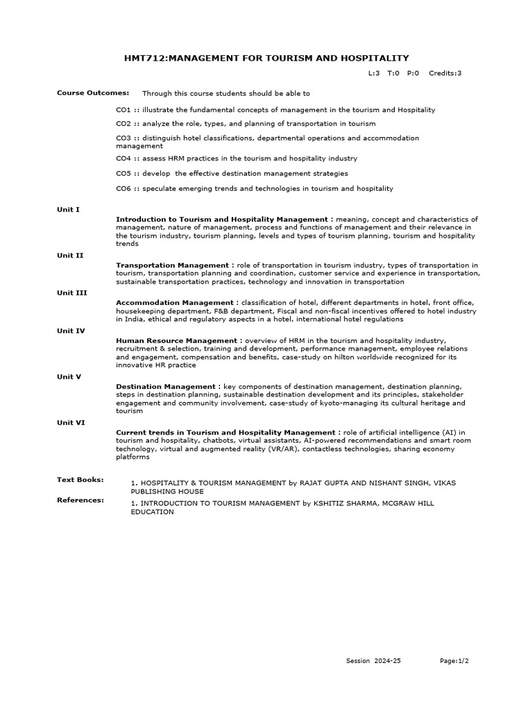 Tourism and Hospitality Management Course | PDF | Tourism | Human ...