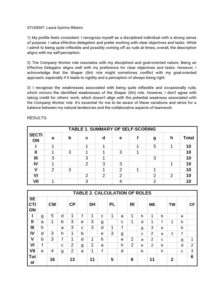 Belbin Exercise Reflection and Roles | PDF | Psychology | Psychological ...