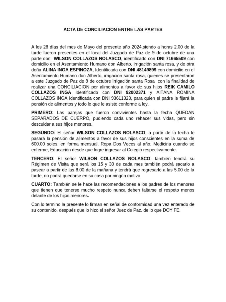 Acta de Conciliacion Entre Las Partes | PDF