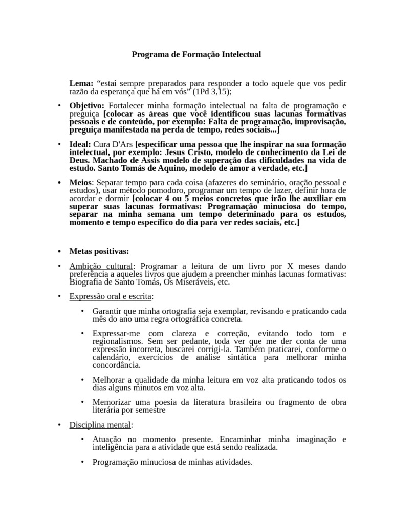 Programa de Formação Intelectual (Modelo) | PDF | Tempo | Tomás de Aquino