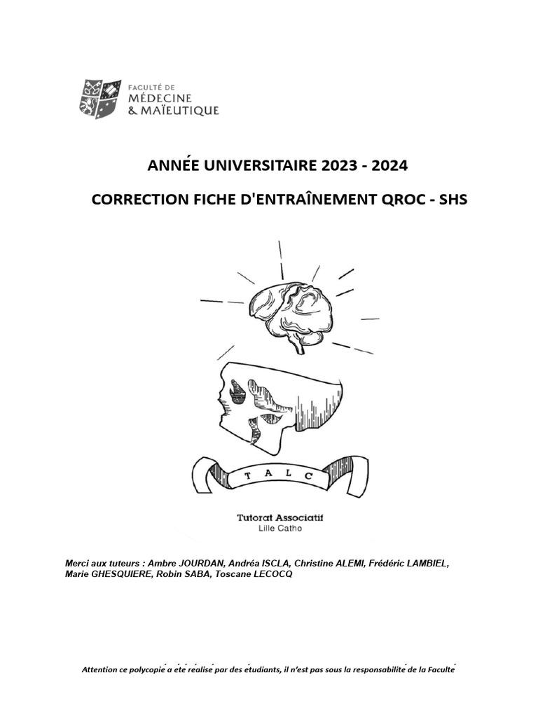 Correction QROC SHS Médecine 2024 | PDF | Cancer | Professionnel de la ...