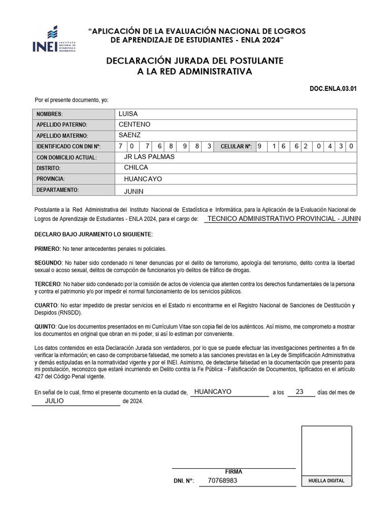 Declaración Jurada ENLA 2024 | PDF | Documento de identidad | Justicia