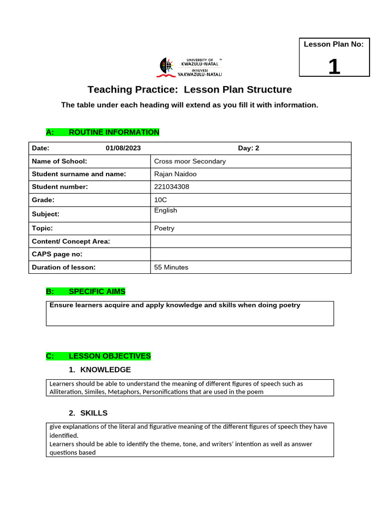 Lesson Plan: Analyzing Poetry Techniques | PDF | Lesson Plan | Poetry
