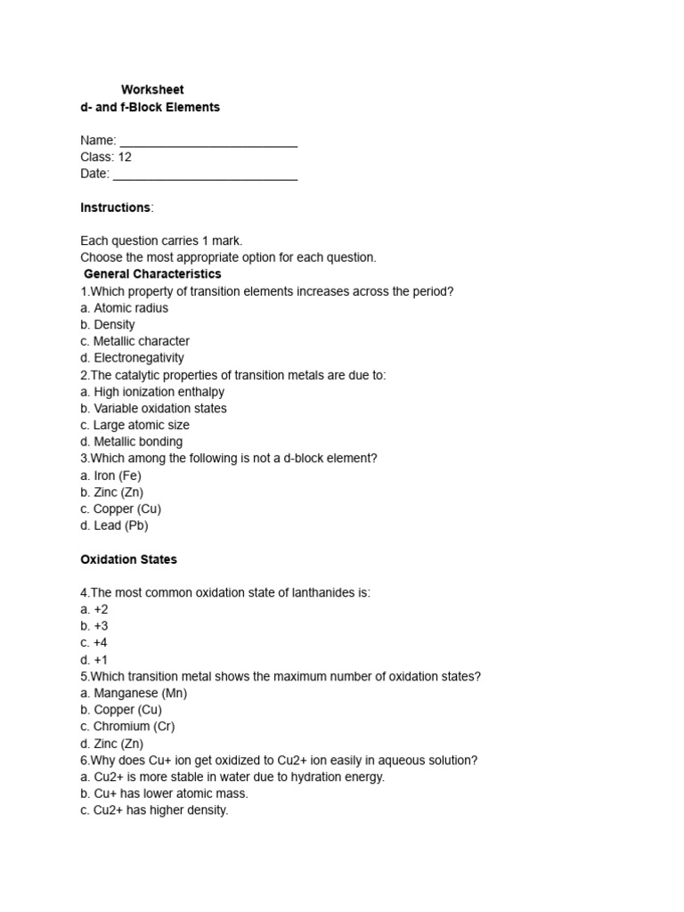 d- and f-Block Elements Worksheet | PDF
