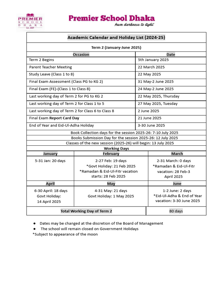 Academic Calendar 2024-25 Term 2 | PDF