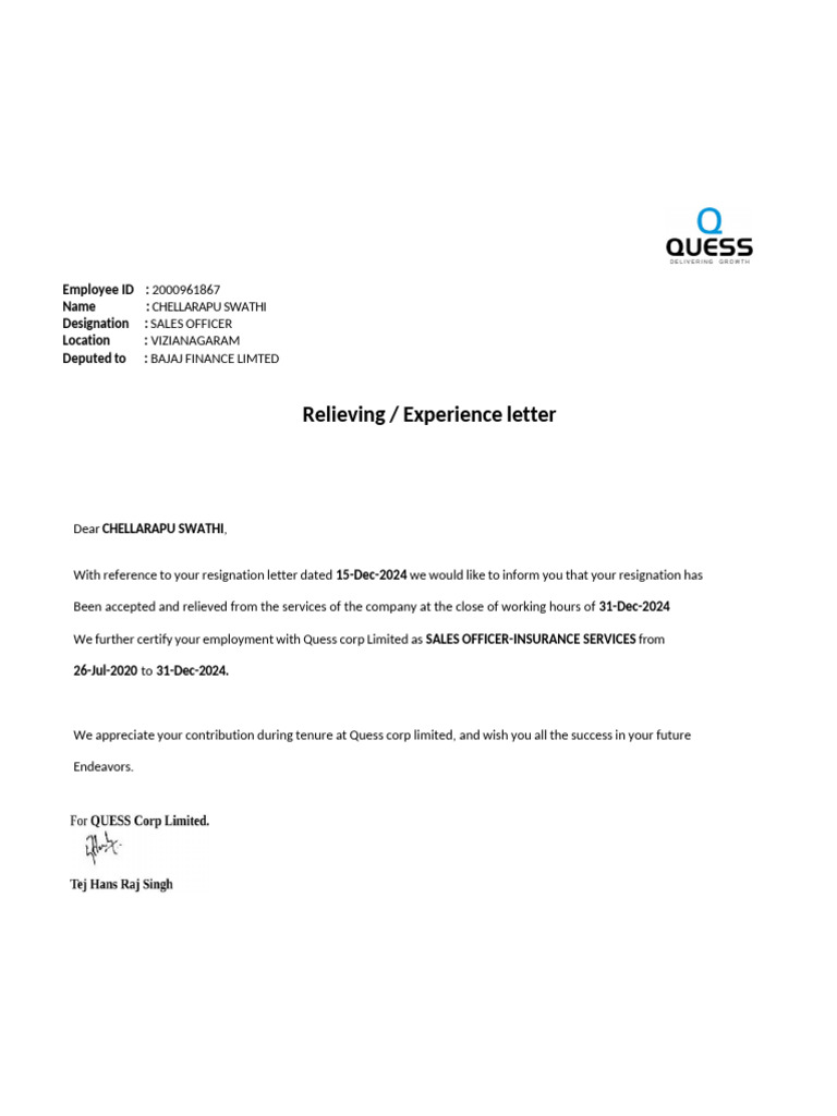 Relieving Letter Bajaj 09252023022505 | PDF