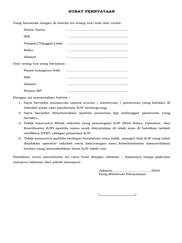 Form Surat Pernyataa KJP Plus | PDF
