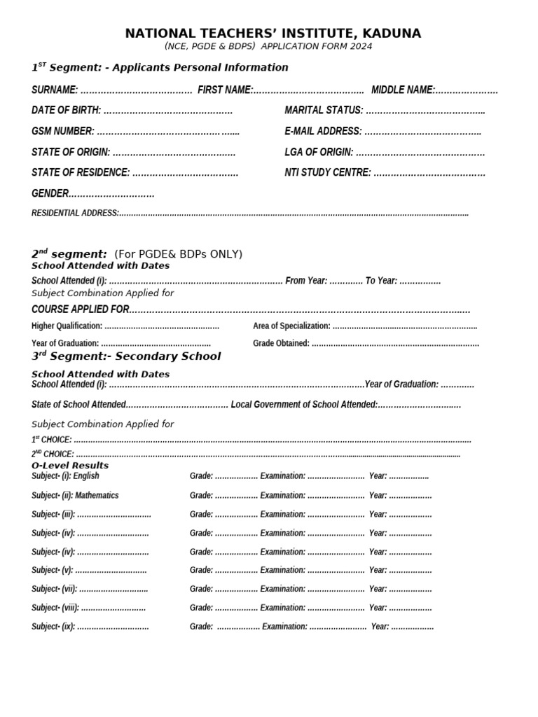 NTI PGDE Application Form 2024 | PDF