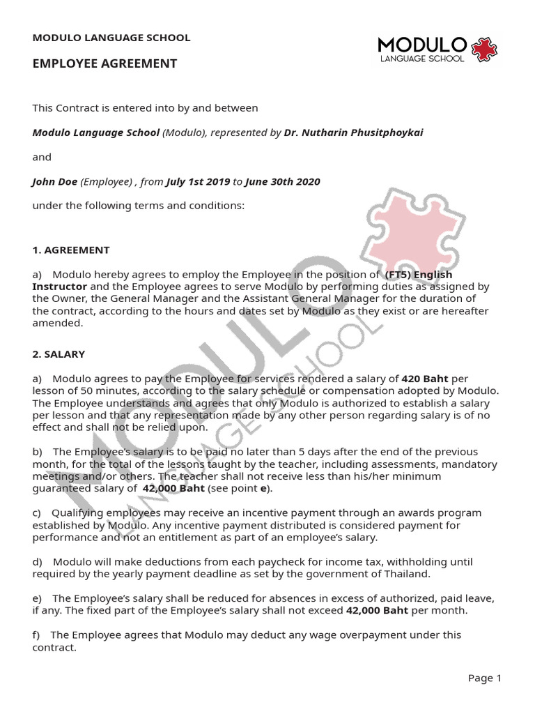 Modulo Sample Contract Full Time English Instructor | PDF | Employment ...