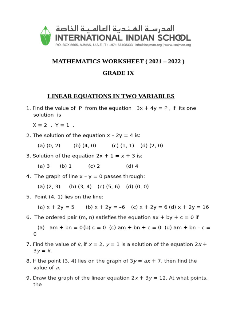 G-9 Worksheet (Linear Equations) 2021-22 | PDF