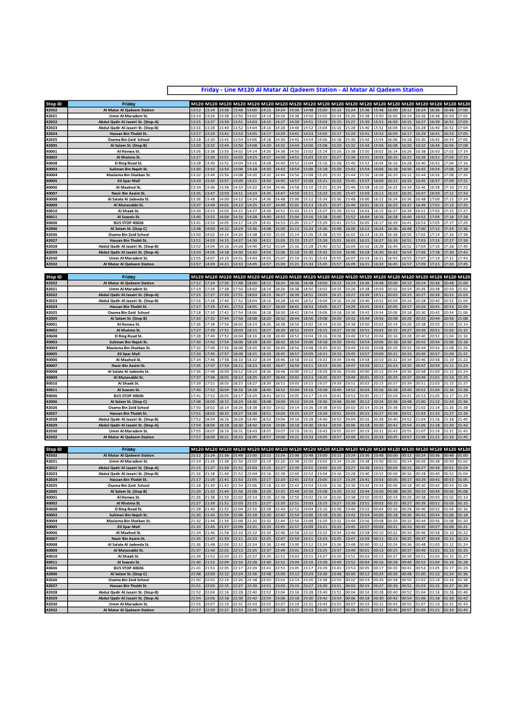 M120 Bus Timetable for Fridays | PDF