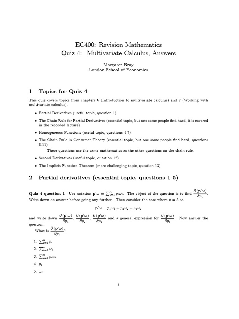 Multivariate Calculus Quiz 4 Answers | PDF | Production Function ...