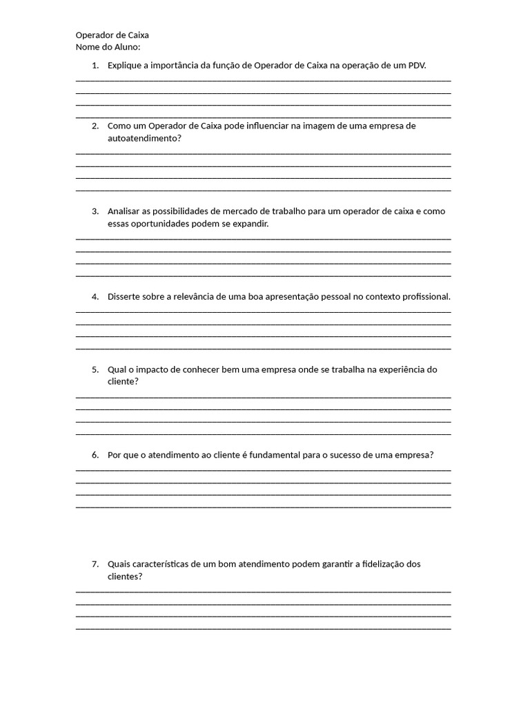 Prova para Operador de Caixa | PDF
