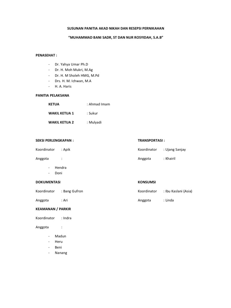 Susunan Panitia Akad Nikah Dan Resepsi Pernikahan