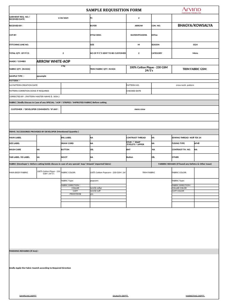 Sample Requisition Form for Men's Apparel | PDF | Textiles | Shirt