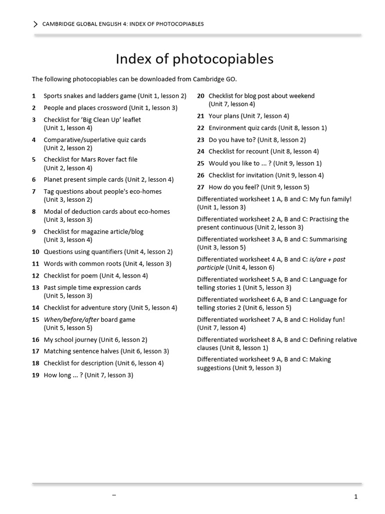 Cambridge Global English 4 Photocopiables Index | PDF | Language ...