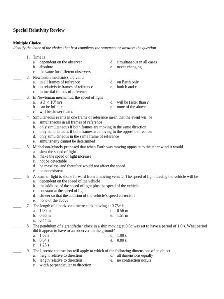 Special Relativity Quiz and Review | PDF | Electronvolt | Mass