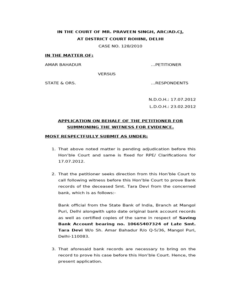 Petition to Summon Bank Witness in Delhi Case | PDF | Affidavit | Justice