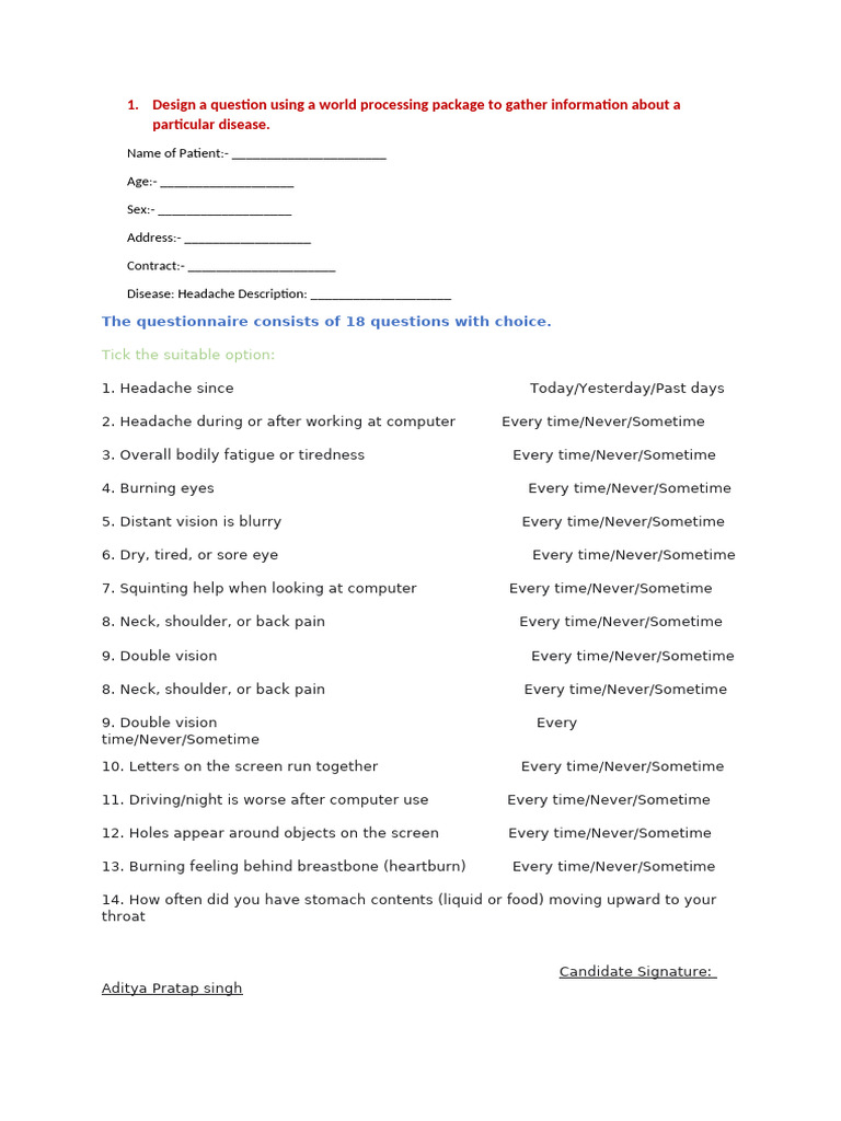 Headache Questionnaire Design Template | PDF