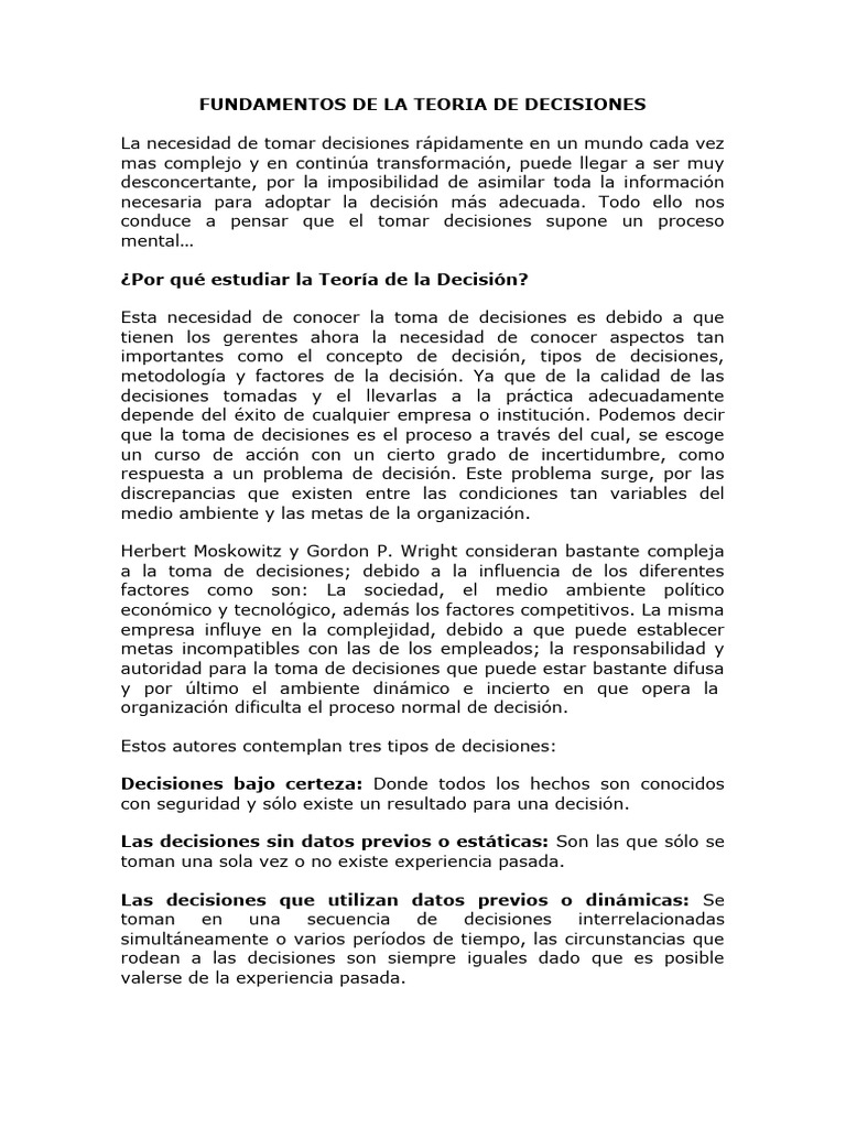 Fundamentos de la Teoría de Decisiones | PDF | Toma de decisiones ...