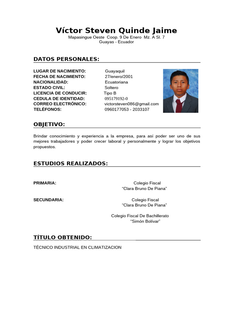 Currículum de Víctor Quinde en Refrigeración | PDF