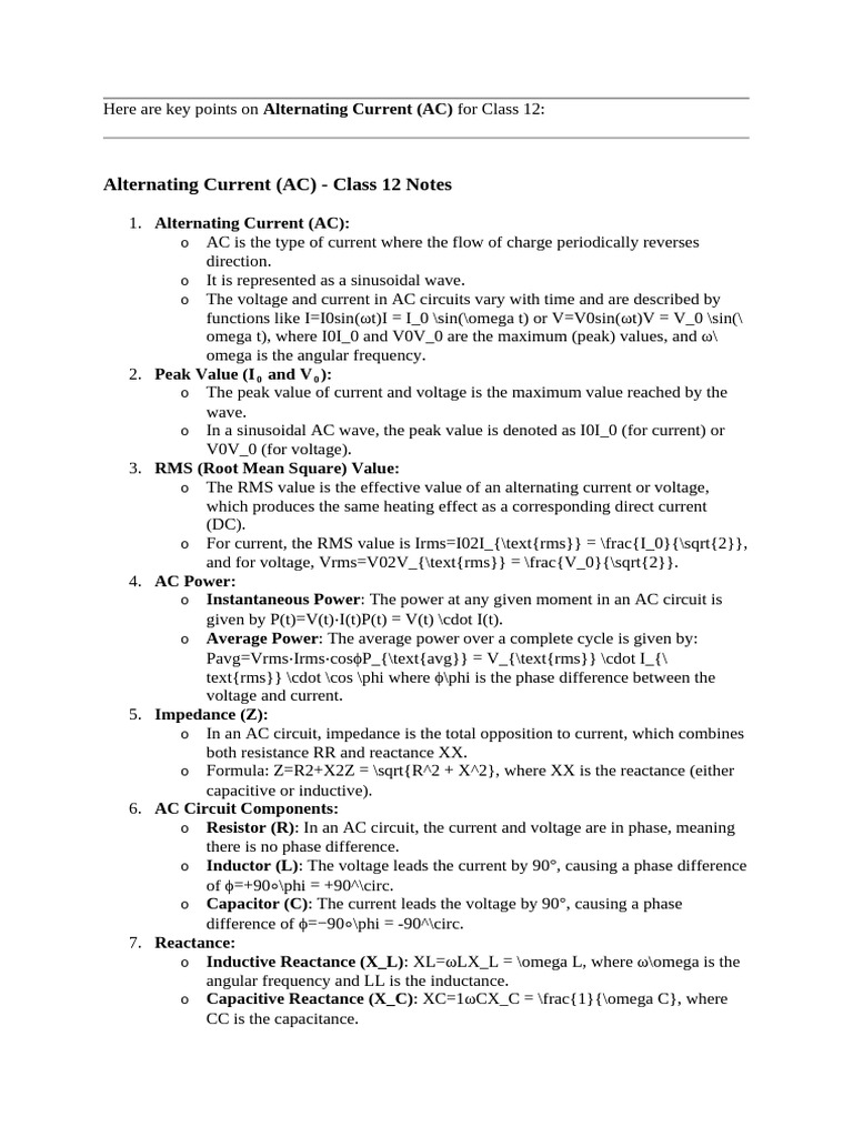 AC Fundamentals for Class 12 Notes | PDF | Electrical Impedance | Root ...