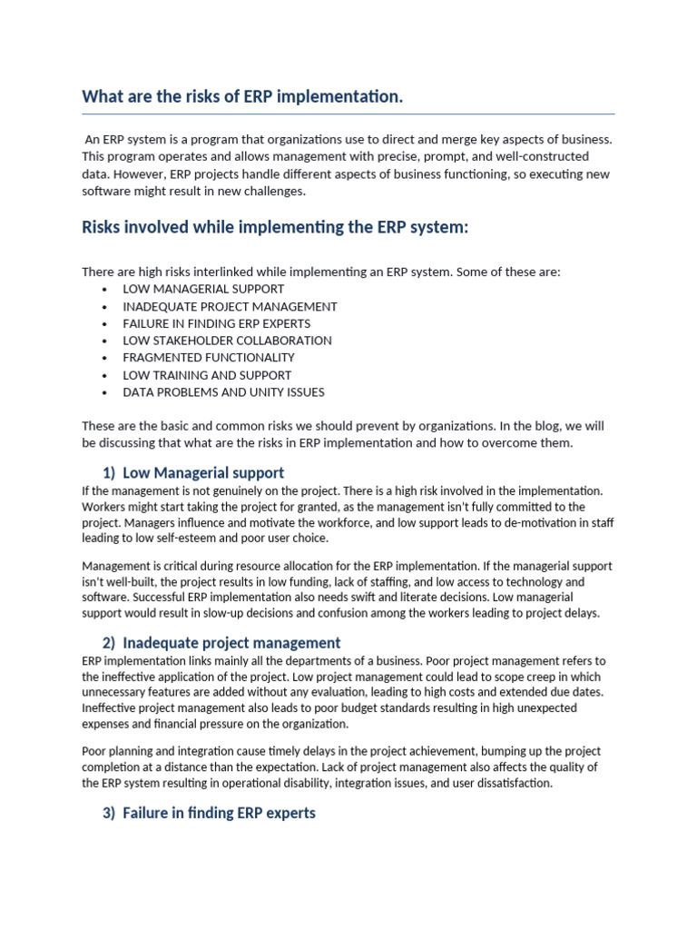 Risks of ERP Implementation Explained | PDF | Enterprise Resource ...