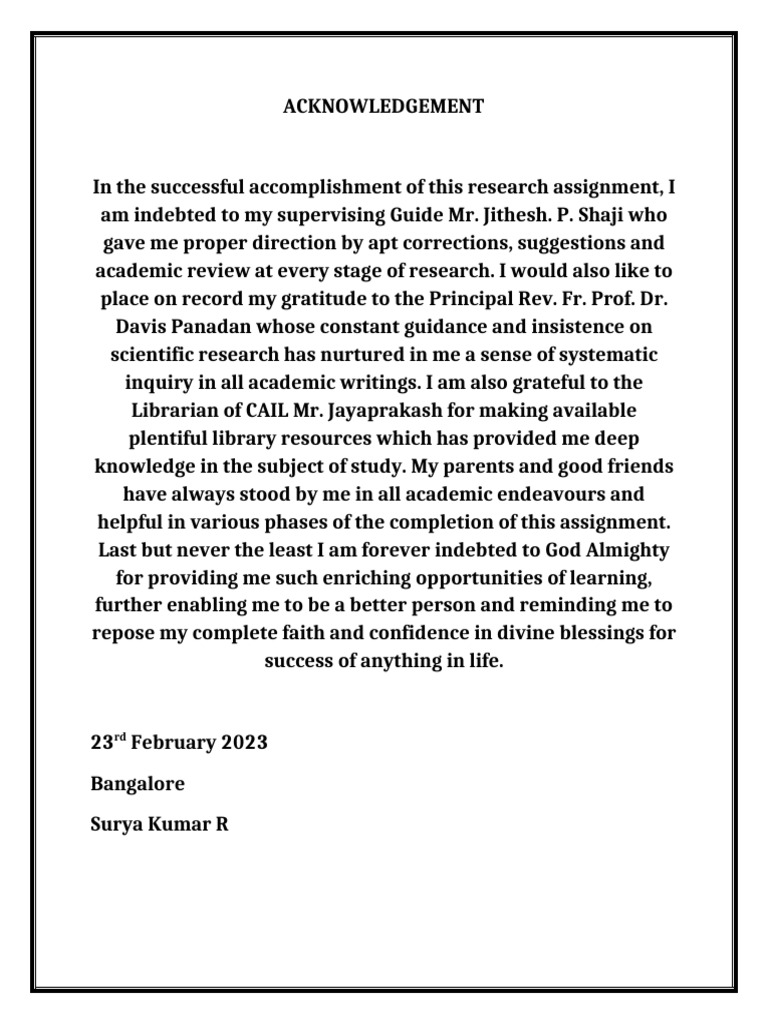 Acknowledgements for Research Assignment | PDF