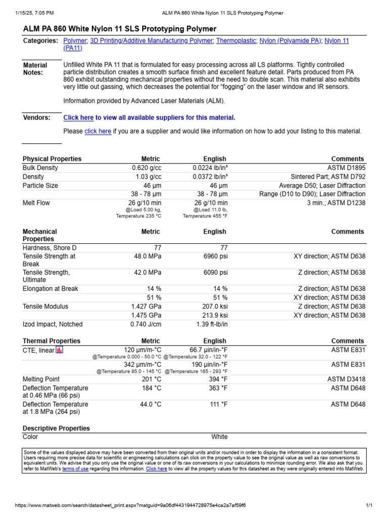 ALM PA 860 White Nylon 11 SLS Data | PDF | Building Engineering | Materials  Science