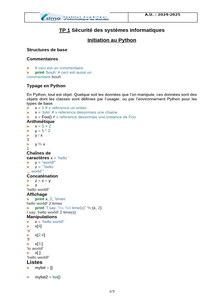 Initiation au Python : Concepts de base | PDF | Python (Langage de ...