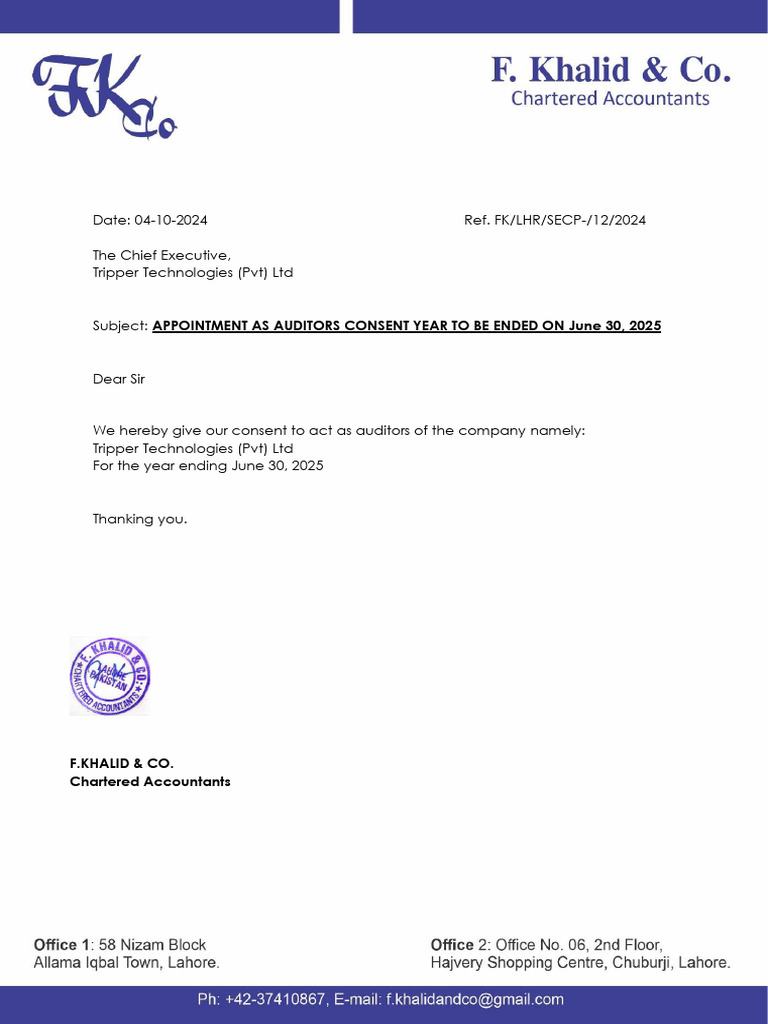 Auditor Appointment Consent for Tripper Tech | PDF
