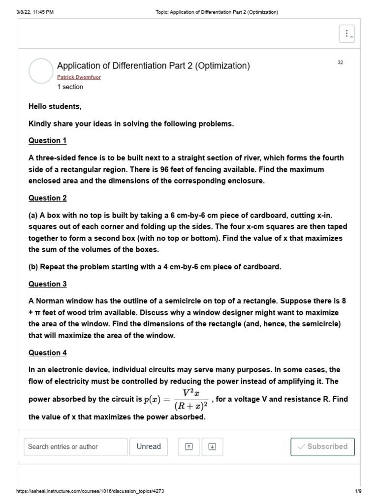 Topic application of differentiation part 2 optimization 1 pdf