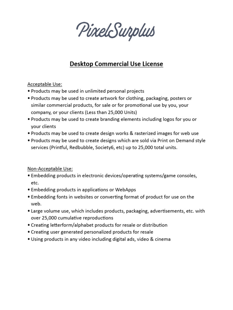 Desktop Commercial Use License - Pixel Surplus | PDF
