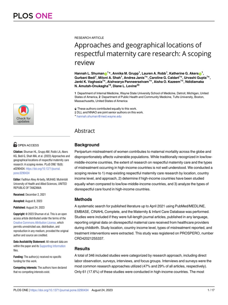 Approaches and Geographical Locations of Respectful Maternity Care ...