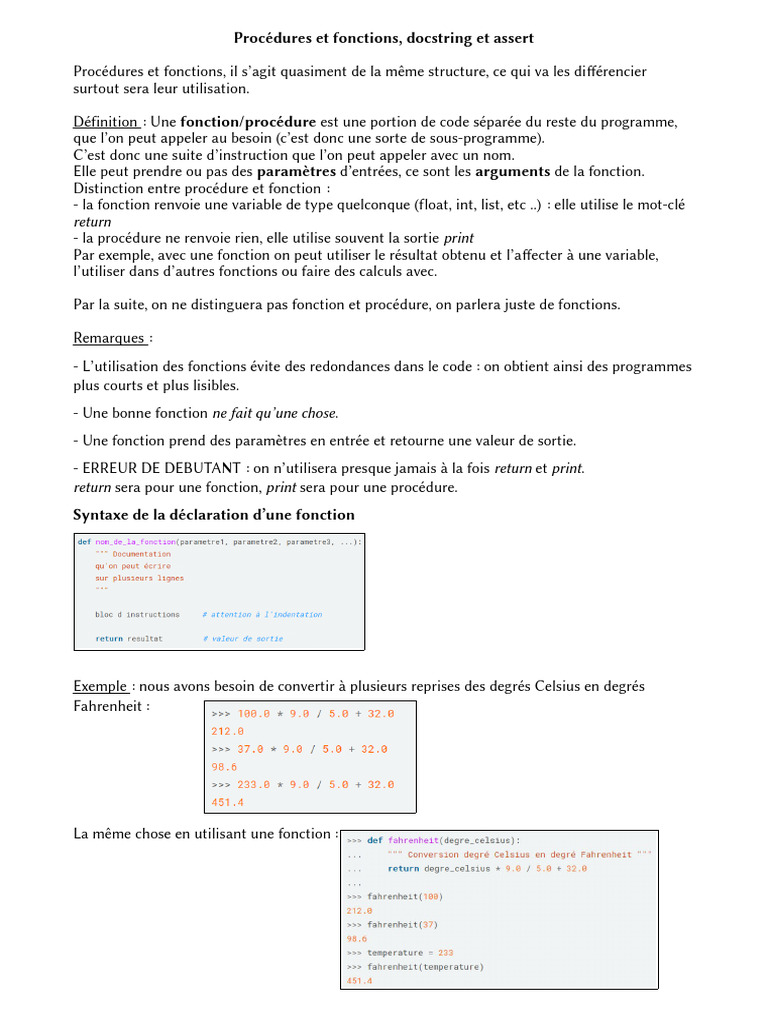 Procédures et fonctions en Python | PDF | Variable (informatique ...