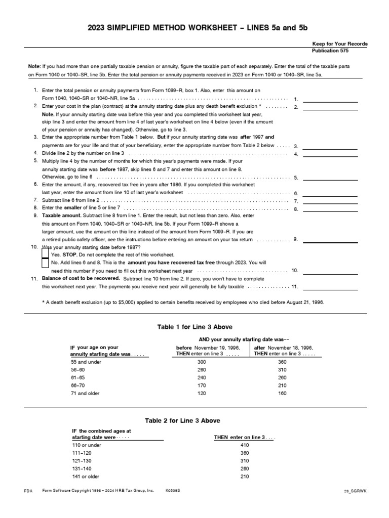 2023 Simplified Method Worksheet Lines 5a and 5b Fillable PDF Life