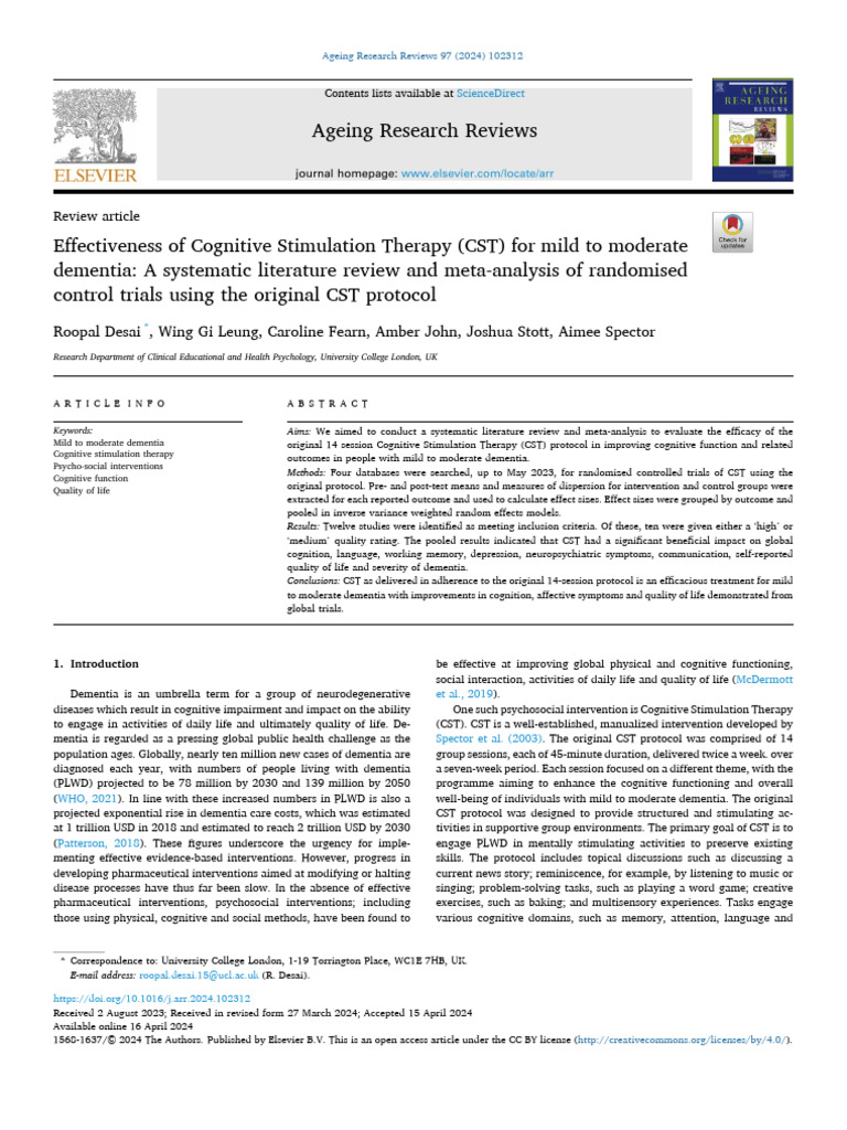 Efficacy of Cognitive Stimulation Therapy for Dementia | PDF | Meta ...