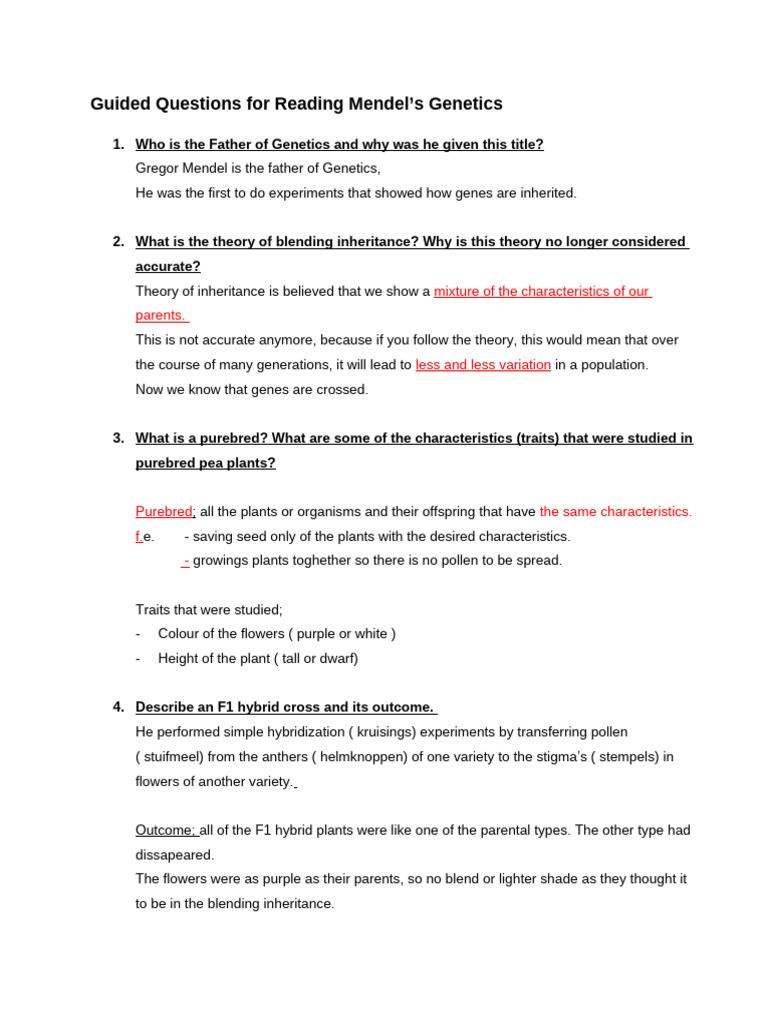 Guided Questions For Reading Mendel's Genetics | PDF | Dominance ...