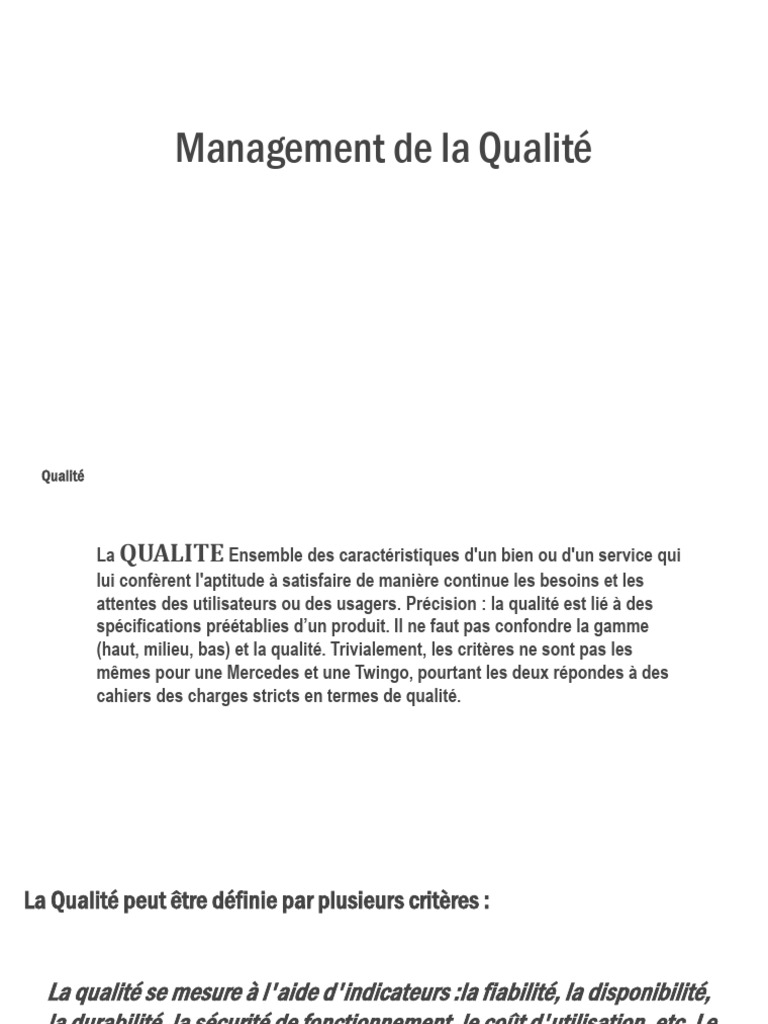 Management de la Qualité et enjeux associés | PDF | Management de la ...