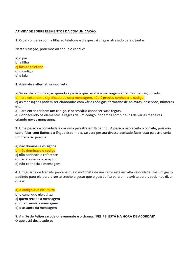 Exercícios sobre Elementos da Comunicação | PDF | Comunicação ...