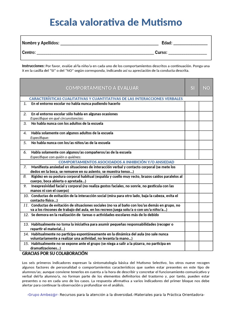 Evaluación de Mutismo Selectivo Escolar | PDF | Ciencias del ...