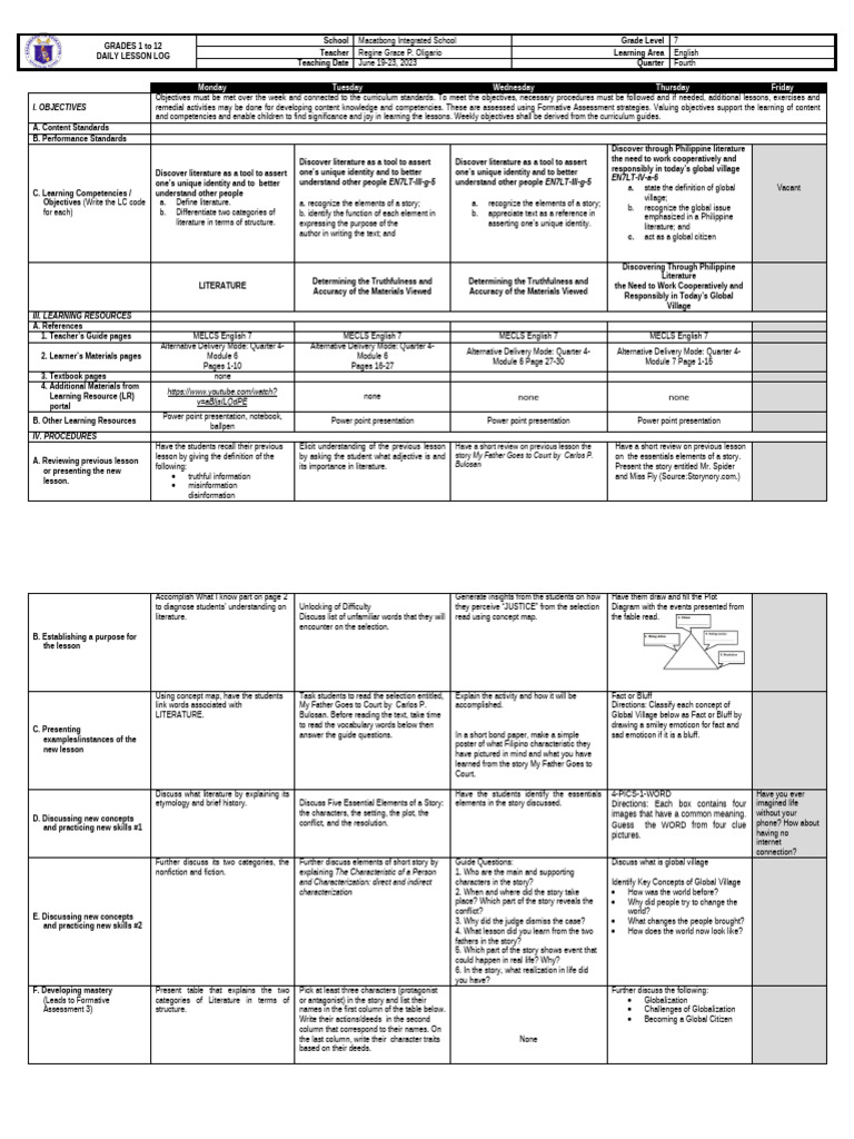 Grade 7 English Daily Lesson Plan | PDF | Curriculum | Teachers