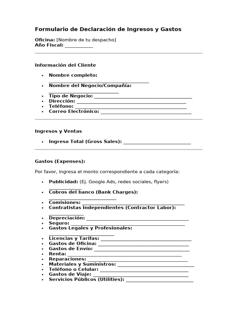 Formulario de Declaración de Ingresos y Gastos | PDF | Industrias de ...